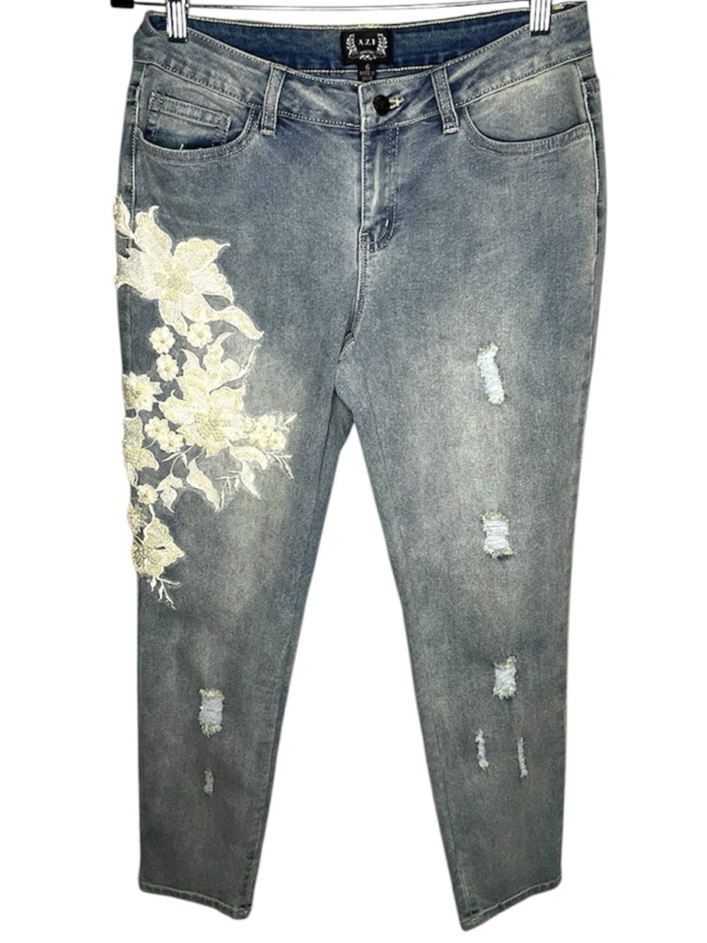 A.Z.I Floral Embroidery Beaded Boho Distressed Denim Jeans